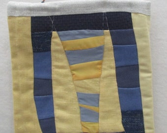 Abstract Fiber Art Quilt, Yellow & Blue Fabric Collage, Modern Wall Hanging