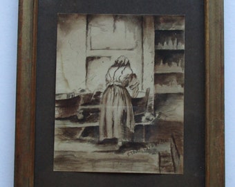 Art print,Ethel Brown vintage sepia art print,woman washing clothes in a tub,wooden frame with glass,excellent condition,paper covered back