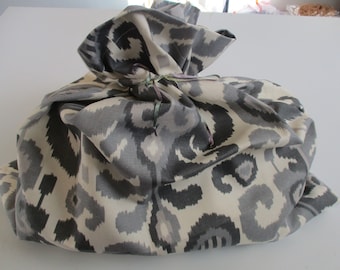 Fabric gift bag,extra large,linen,dark,light grey and white,reusable,coordinated tie or ribbon wraps around,high quality designer print