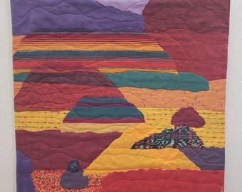 Fabric mountain collage art, original,fabric art wall hanging decor,purple,deep red,golden yellow and Guatemalan fabrics,24"x 24" 61 x 61cm