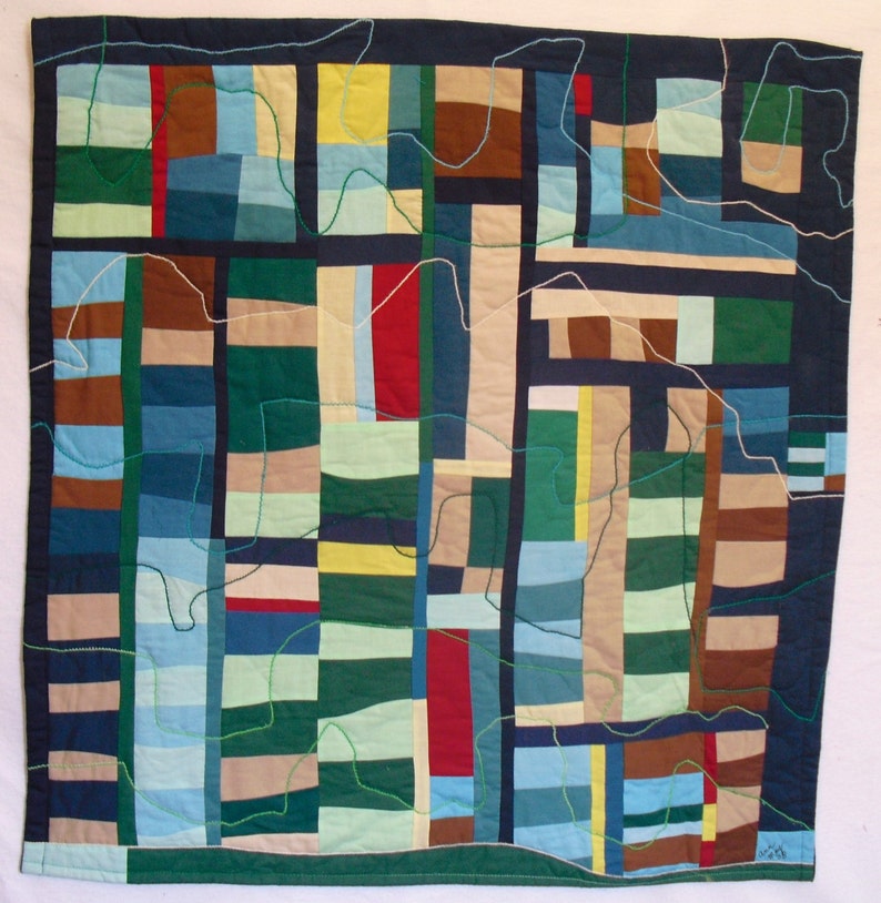 Contemporary art Fabric Art Wall Hanging,Modern art,nontraditional quilting,dark green,dark blue,brown and tan, inspired by Gees Bend quilts 