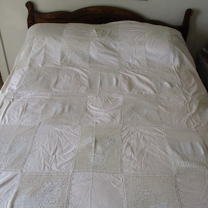Antique coverlet,double bed size,vintage cream colored fabric with cream colored crochet,excellent condition,beautiful handiwork,unique OOAK