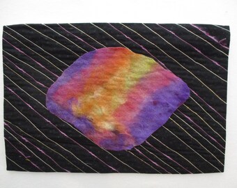 Original art quilt,Abstract fabric wall art,science inspired,Contemporary,magenta,purple, gold on black backgd,inspired by Gees Bend quilts