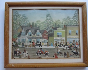 Art Print of early 20th century village by E. Melvin Bolstad,shops,carriages,cars,horses people,Saturday on Main Street,wooden frame,8"x10"