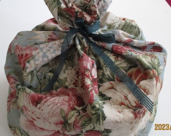 Fabric gift bag,extra large,blue grey linen with rose and cream colored flowers,floral designs,reusable,lt. dark teal striped ribbon tie