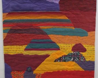 fabric landscape collage art,Nature mountain art,wall hanging decor,Guatemalan fabrics,inspired by mts of the Southwest,orange,deep red,gold