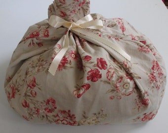 Fabric gift bag,extra large,heavy duty cotton,beige background with muted deep red flowers,reusable, cream looped ribbon tie wraps around