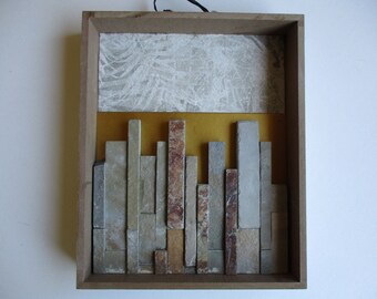 Contemporary mixed media urban collage,grey cement tiles,golden wallpaper,found objects,art,assemblage,OOAK piece,modern,medium brown wood