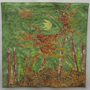 Fabric wall art,Seadragon with Yellow Fish,nature art wall hanging,impressionistic underwater fantasy scene,art quilt,marine fiber art