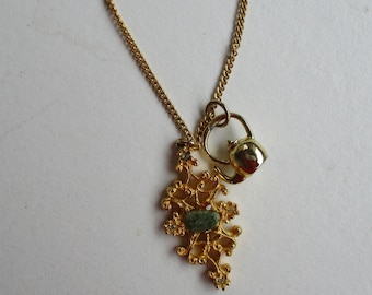 Vintage golden chain necklace,one green stone,4 small white rhinestones on the points 1 1/2"(4cm)long, 17" (43cm)long,teapot charm