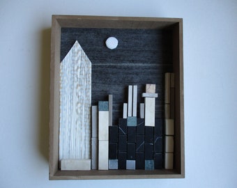 Contemporary city scene with moon,mixed media collage,beige,gray,white,black green,tiles,wall paper,found objects,assemblage,original,OOAK