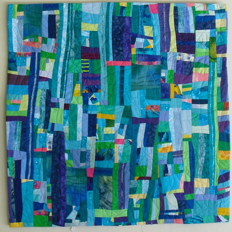 Modern Abstract Fabric Art Wallhanging,fabrics,blue,green,pinkfabrics,decorative threads,texture,art quilt, inspired by Gees Bend 