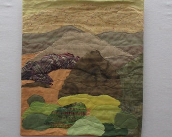 fabric landscape collage art,Nature mountain art,wall hanging decor,green,gold, brown,rocks,reflective fabric art quilt,desert mountain