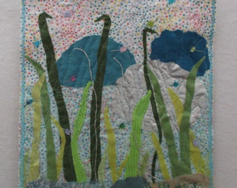 Wetlands landscape art quilt,plants,rocks,water fabric decor,impressionist contemporary art,fiber art wall hanging,OOAK wall sealife art