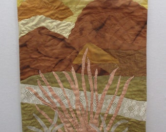 fabric landscape collage art,Nature mountain art,wall hanging decor,Southwest,brown,peach foliage,rocks,gold reflective fabricart quilt