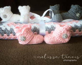 Girl's crochet baby blanket and booties