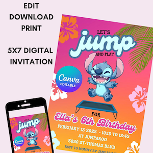 Modello di invito per festa di compleanno Stitch modificabile, invito di compleanno trampolino, invito per festa di compleanno trampolino Stitch