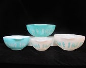 Vintage PYREX Glass Turquoise AMISH Butterprint Nesting Mixing Bowl 4pc Set 441-444