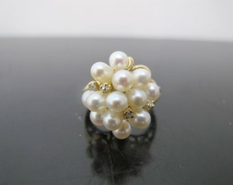 PEARL Cluster Diamond Accent 14k Yellow Gold Cocktail Ring