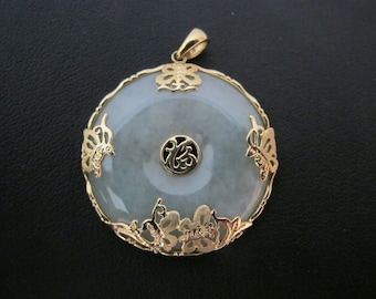 CHINESE Green JADE 14k Yellow Gold BUTTERFLY Circle Disc Necklace Pendant