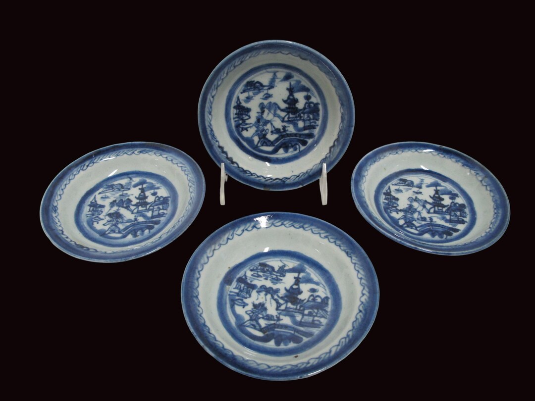 CHINESE Export Canton BLUE Village Scene Porcelain Dessert 5 3/4