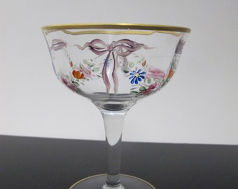 Vintage Hand Painted Colorful FLOWER & RIBBON Gold Trim CHAMPAGNE Coupe Glass