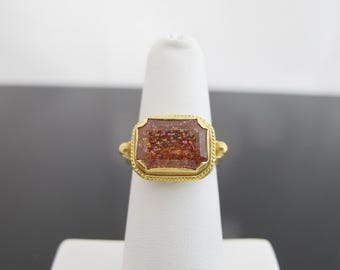 VICTORIAN Style Emerald Cut Tanzanian SUNSTONE 22k Yellow Gold Ring