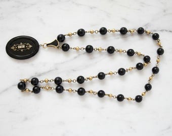 VICTORIAN French Black Onyx & Diamond 14k Gold MOURNING Pendant Necklace