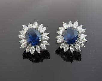 Blue SAPPHIRE & Diamond Halo 18k White Gold STARBURST Flower Earrings