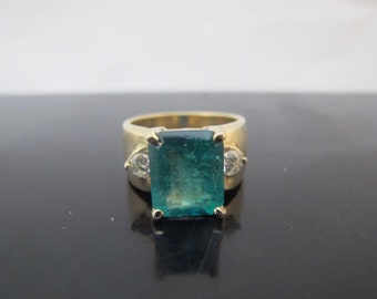 14k Yellow Gold Emerald Step Cut 5.20ct EMERALD & Round Brilliant DIAMOND Ring 9