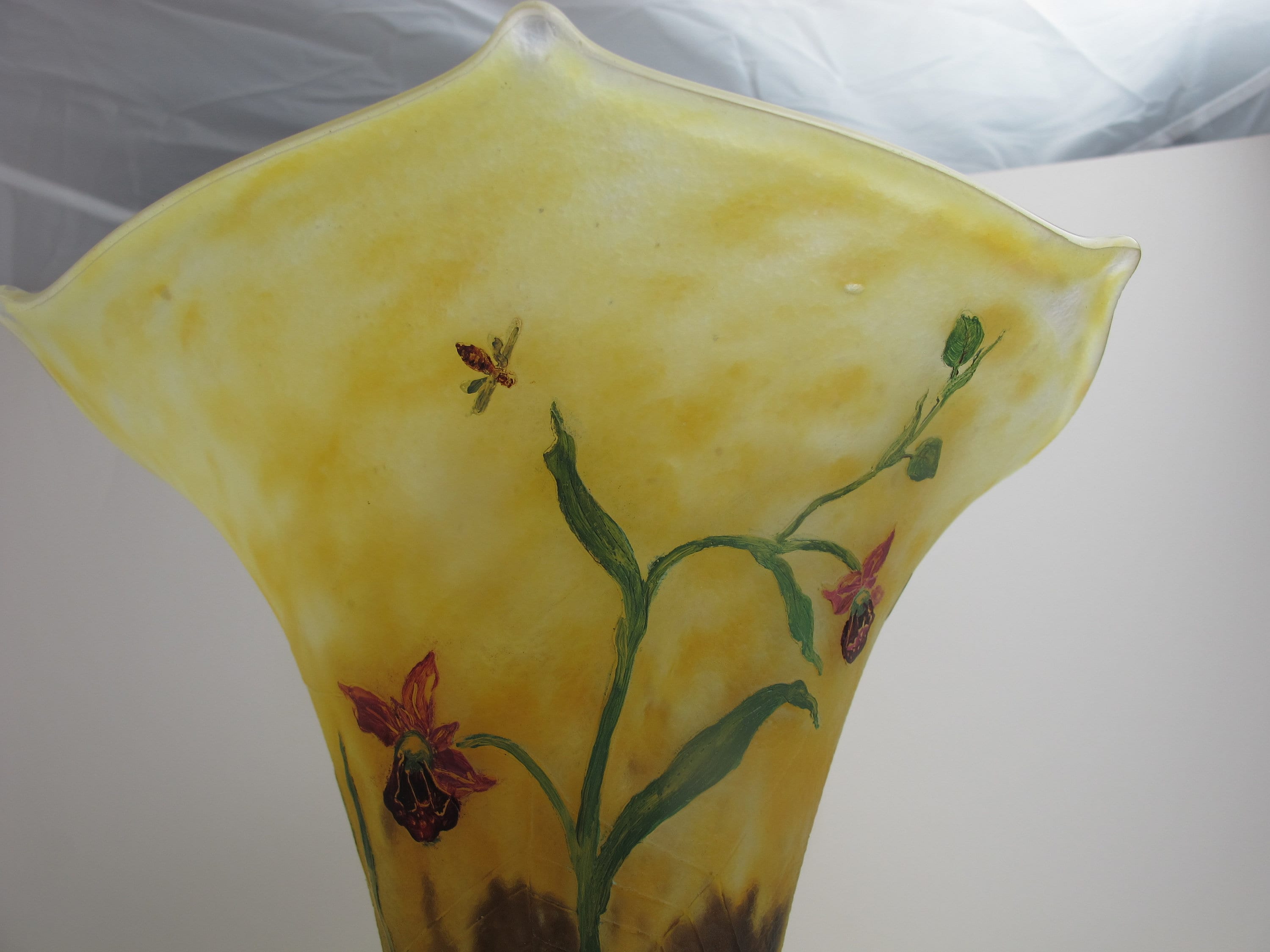 Antique DAUM Nancy Etched Enamel ORCHID & INSECT Vase 12.75