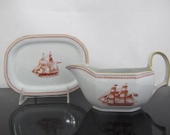 SPODE Copeland Red Gold Trim Ships TRADE WINDS Sauce Gravy Pitcher Underplate