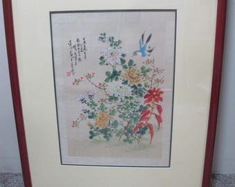 中国の色鮮やかな花と飛ぶ青い鳥の額入り布絵 - Etsy 日本