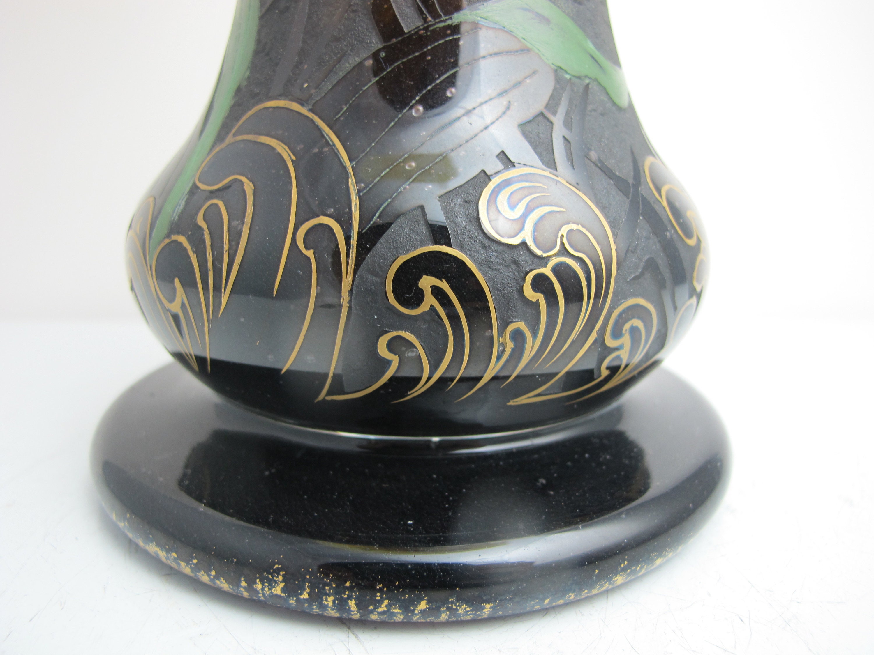DaumNancy 　洋蘭彩 Antique DAUM Nancy Etched Enamel ORCHID & INSECT Vase 12.75