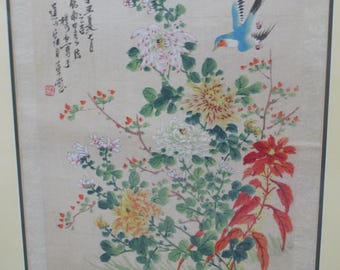 中国の色鮮やかな花と飛ぶ青い鳥の額入り布絵 - Etsy 日本