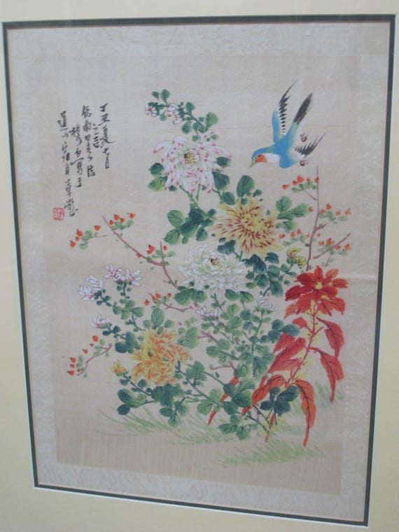 中国の色鮮やかな花と飛ぶ青い鳥の額入り布絵 - Etsy 日本