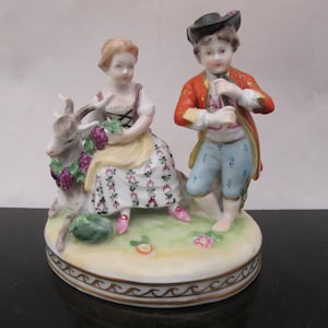 DRESDEN Couple with FLUTE Player & GOAT Miniature Porcelain Figurine