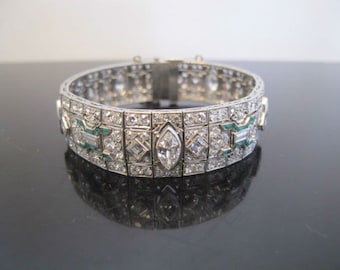 Exquisite Platinum EMERALD & Marquise DIAMOND Art Deco Bracelet GIA Appraisal