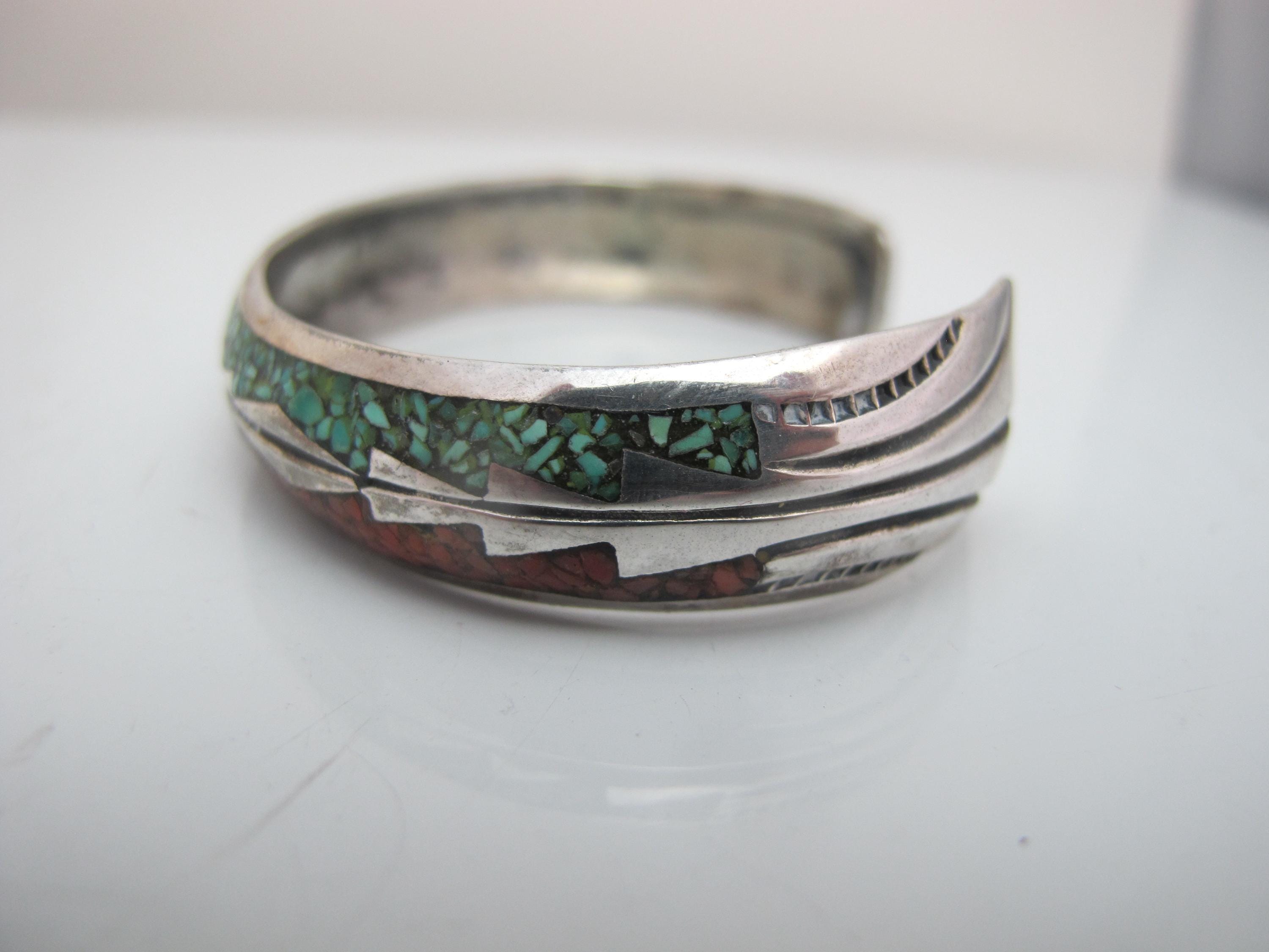 NATIVE Sterling Silver Inlaid TURQUOISE & Coral Chips Signed