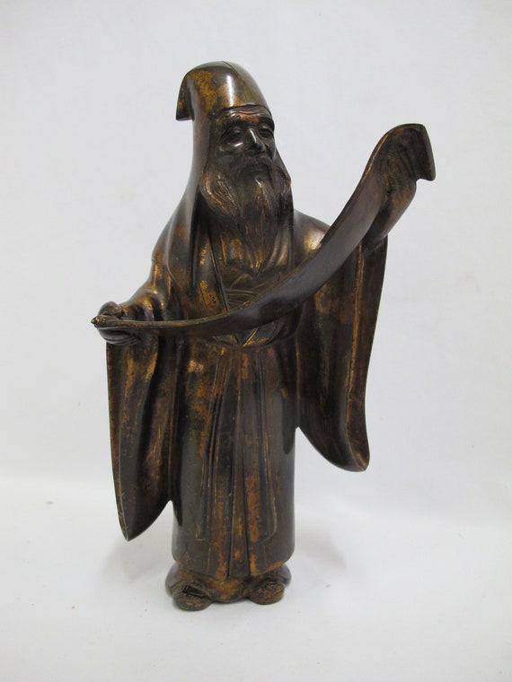 ブロンズ彫刻 時代物　金工師　老人像　鹿　山本孤山作　置物 日本の青銅製老人像 巻物を持った学者 高さ13インチの彫像 - Etsy 日本