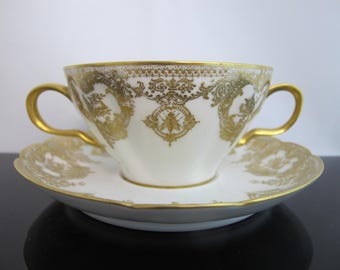 HAVILAND Limoges Rococo Style INSECT Floral Scroll Porcelain Soup Cup & Saucer