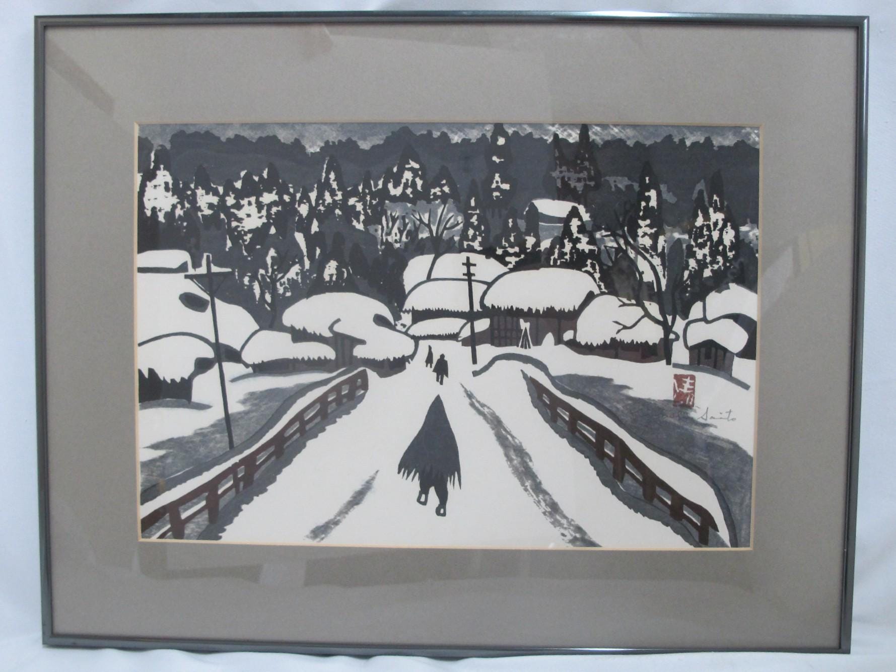 Kiyoshi SAITO Japanese Signed Framed WINTER BRIDGE in Aizu