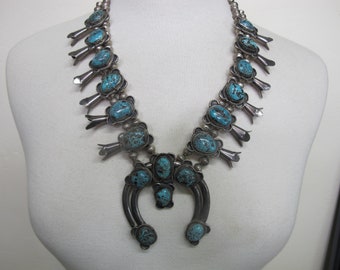 Large Heavy NAVAJO Native Sterling Silver Turquoise Squash BLOSSOM Naja Necklace