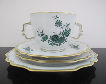 WIEN Augarten Vienna PRINCE EUGENE Green Flower Soup Cup Saucer & Plate Set of 4