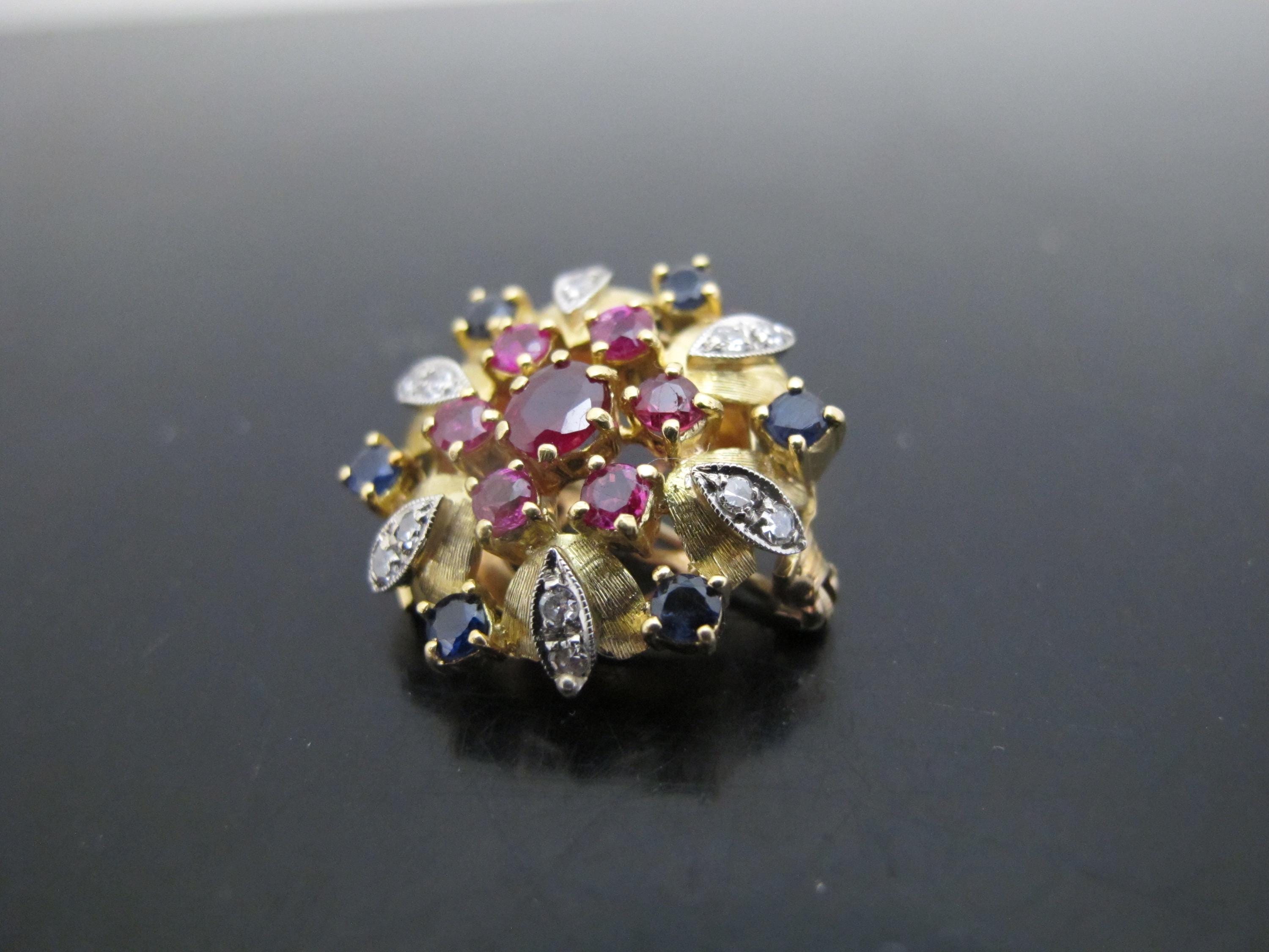 クラスターブローチ ヴィンテージ ルビー ダイヤモンド＆サファイア 14K イエロー