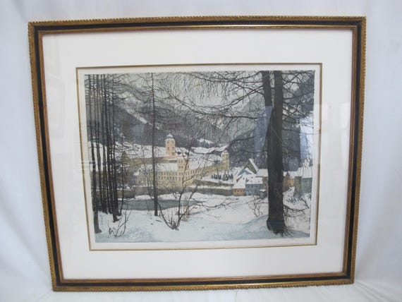 Signed Luigi KASIMIR Signed Framed Lilienfeld MONASTERY in SNOW