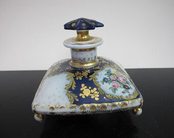 FRENCH Sevres Style Hand Painted Porcelain FLOWER Gilt PERFUME Pillow Bottle