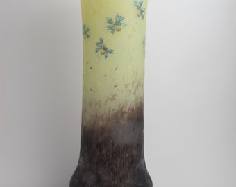 Antique DAUM NANCY Etched & Enamel Gilt Flower Vase15" Tall Art Glass Vase