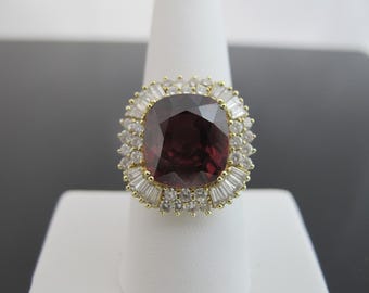 Large Red Cushion GARNET Diamond Halo 18k Yellow Gold BALLERINA Statement Ring