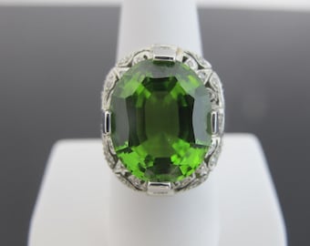 PLATINUM Diamond & 12.55ct Green PERIDOT Filigree COCKTAIL Statement Ring